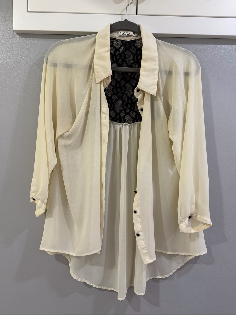 Chloe K Cream Sheer Button-Down Blouse with Black Lace Back
